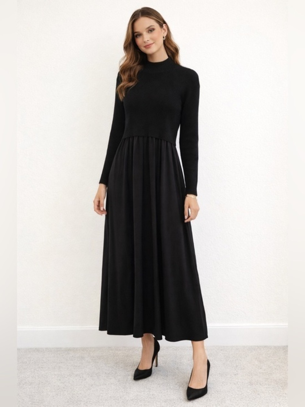 NWT Tea n Rose Black Minimalist Multi Texture Crew Neck Flowy Maxi Dress M